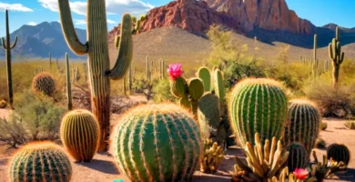 Collage vibrante de diversas especies de cactus en un paisaje desértico bajo un cielo azul y un sol brillante