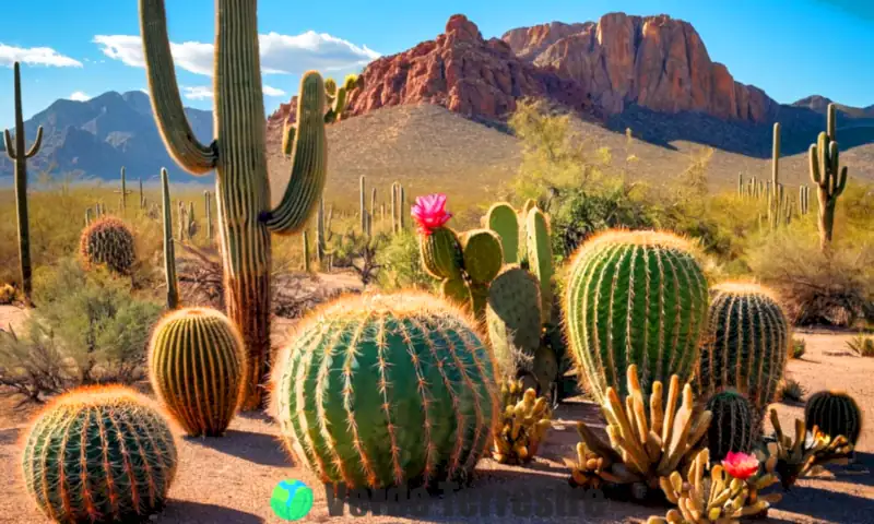Collage vibrante de diversas especies de cactus en un paisaje desértico bajo un cielo azul y un sol brillante