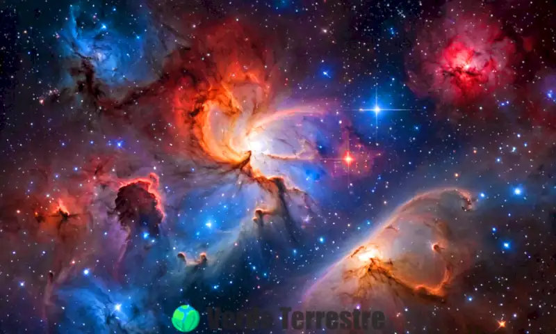 Representación artística de estrellas variadas en un fondo de nebulosa, con colores vibrantes y detalles intrincados