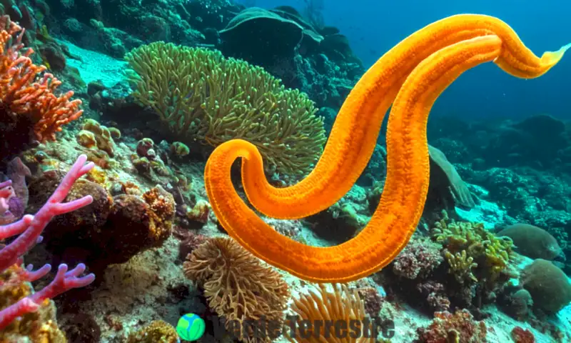 Ilustración de diferentes tipos de gusanos planos en un arrecife coralino vibrante, destacando sus características únicas y la vida marina colorida