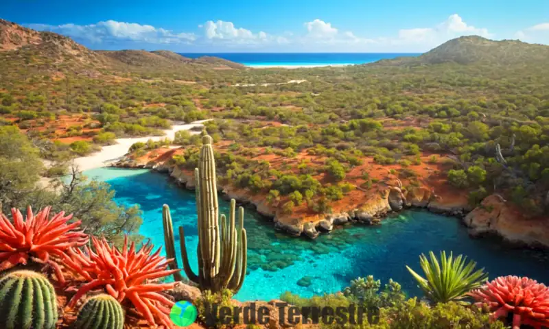 Ilustración que muestra un bosque vibrante, un océano azul con arrecifes de coral y un desierto con cactus