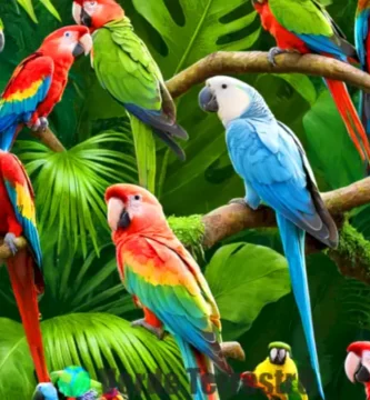 Ilustración colorida de 15 especies de loros y periquitos en ramas verdes