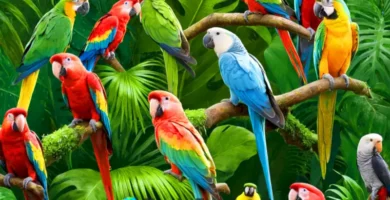 Ilustración colorida de 15 especies de loros y periquitos en ramas verdes