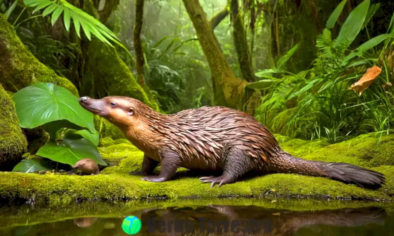 Ilustración realista de un ornitorrinco y un equidna en un hábitat natural con vegetación verde y un arroyo