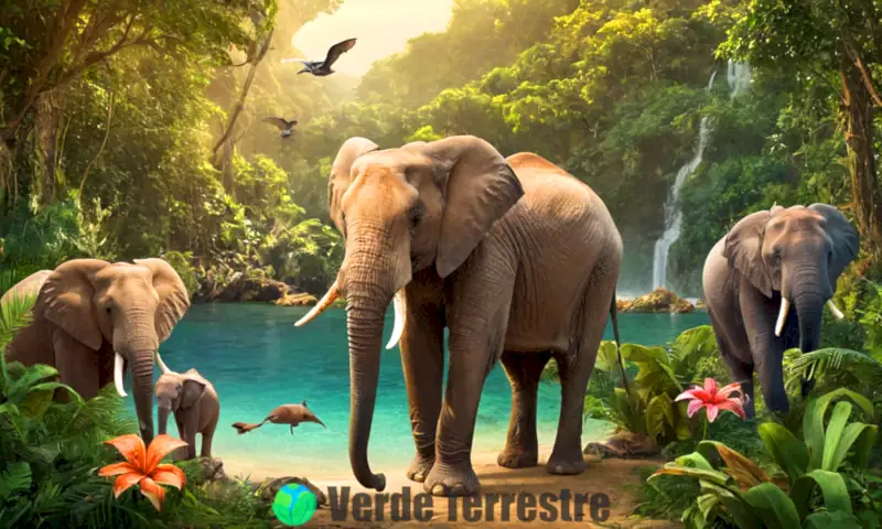 Ilustración educativa que muestra diversas especies de mamíferos, como elefantes y delfines, en un entorno natural vibrante