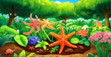 Ilustración colorida que muestra diferentes tipos de reproducción asexual en plantas y animales en un jardín vibrante