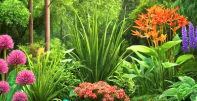 Ilustración educativa de diferentes tipos de tallos de plantas en un jardín botánico vibrante