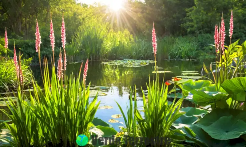 Colección de plantas acuáticas con tallos en un estanque tranquilo rodeado de vegetación