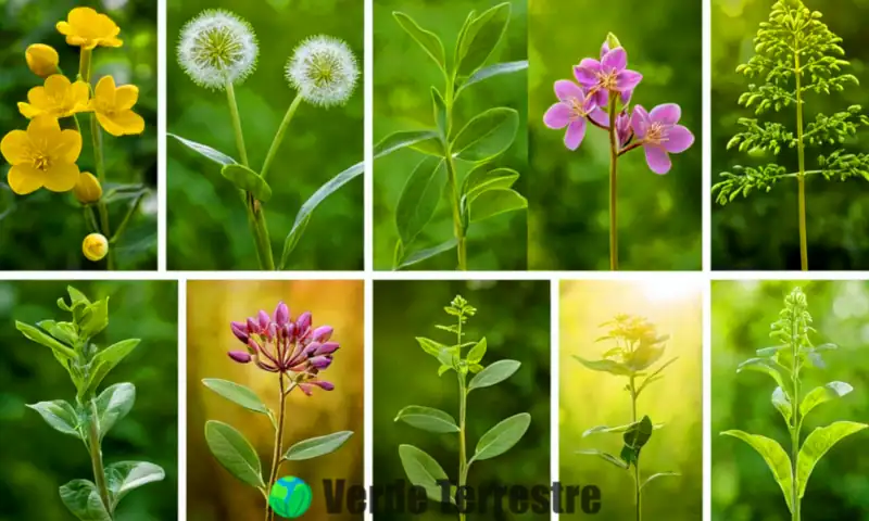 Ilustración botánica educativa que muestra diversos tipos de tallos de plantas con etiquetas, en un jardín verde iluminado por el sol