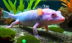 Varios axolotls de México en un fondo acuático vibrante con plantas y luz suave