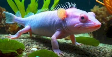 Varios axolotls de México en un fondo acuático vibrante con plantas y luz suave