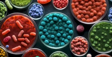 Portada educativa con diferentes tipos de bacterias (coccus