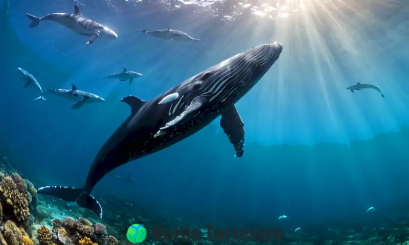 Ilustración de 15 especies de ballenas nadando en un océano vibrante, con arrecifes de coral y luz solar filtrándose