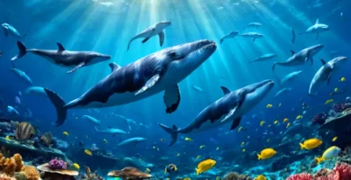 Ilustración vibrante de 15 ballenas distintas nadando en un escenario marino con corales y peces