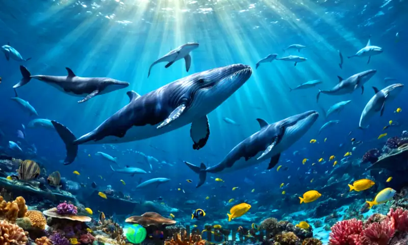 Ilustración vibrante de 15 ballenas distintas nadando en un escenario marino con corales y peces