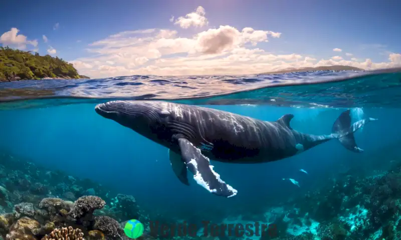Quince especies de ballenas en un océano vibrante, rodeadas de corales y peces, bajo un haz de luz solar