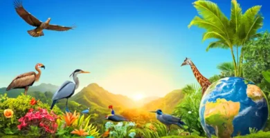 Ilustración vibrante de diferentes ecosistemas con flora y fauna