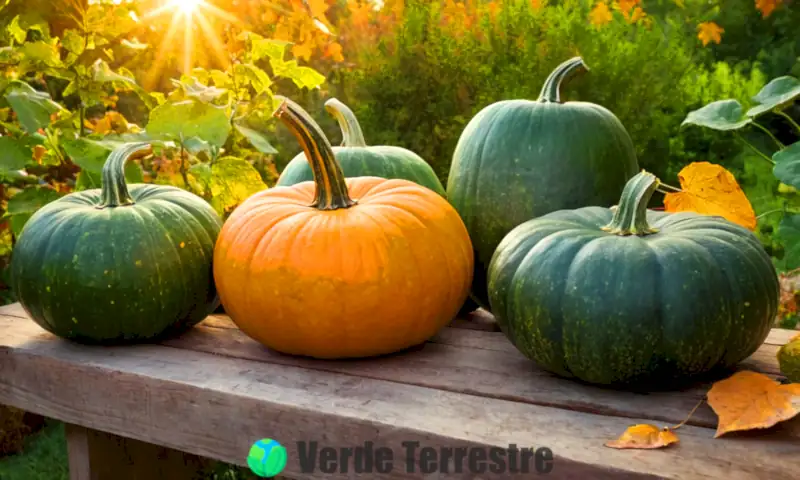 Ocho variedades de calabazas verdes en un jardín rústico, rodeadas de vegetación y con etiquetas que indican sus nombres