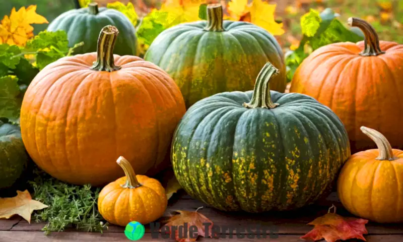 Ocho variedades de calabazas verdes en una mesa de madera rústica, rodeadas de hierbas frescas y hojas de otoño