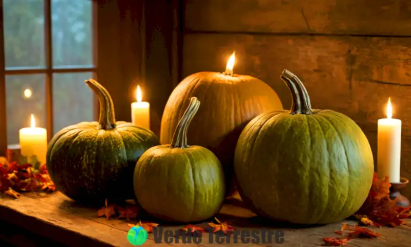Ocho calabazas verdes de distintas formas y tamaños decoran una mesa de madera rústica, rodeadas de hojas de otoño y luces de velas