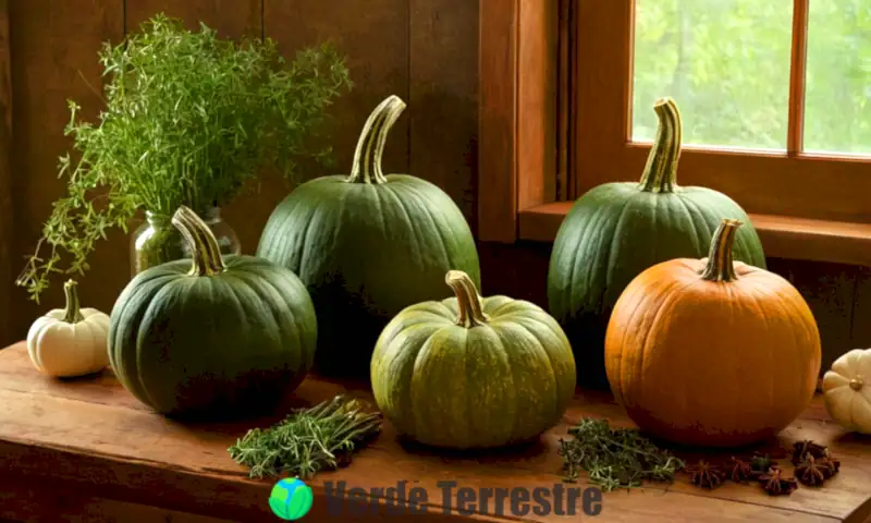 Ocho tipos de calabazas verdes de diferentes formas y tamaños sobre una mesa de madera rústica, rodeadas de hierbas y especias en una cálida cocina iluminada por luz natural