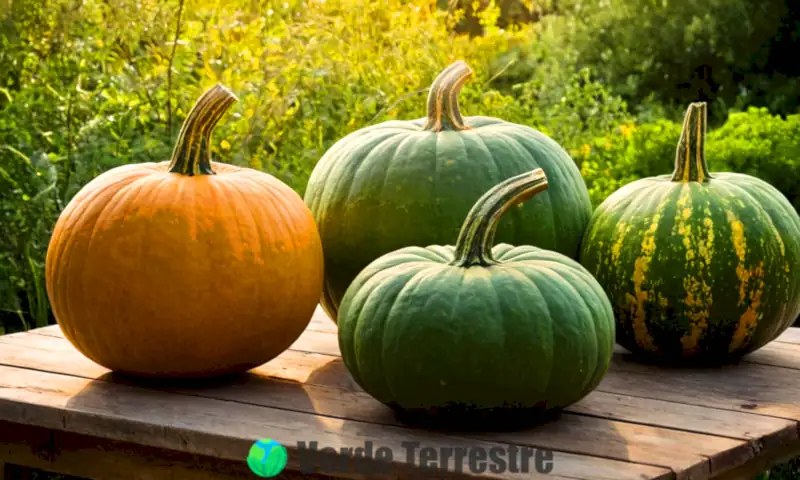 Ocho calabazas verdes de diferentes formas y tamaños sobre una mesa rústica