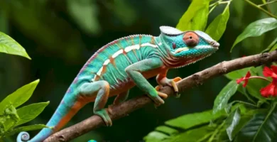 Tres camaleones en un entorno tropical: uno velado en una rama