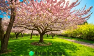 Jardín sereno con cherry blossoms en flor