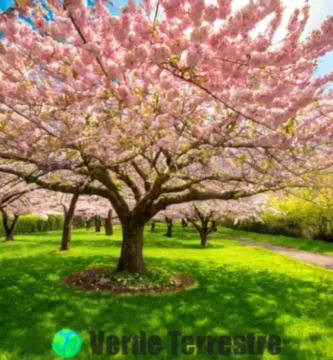 Jardín sereno con cherry blossoms en flor