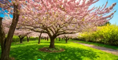 Jardín sereno con cherry blossoms en flor