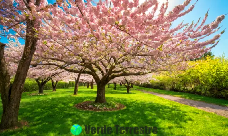 Jardín sereno con cherry blossoms en flor