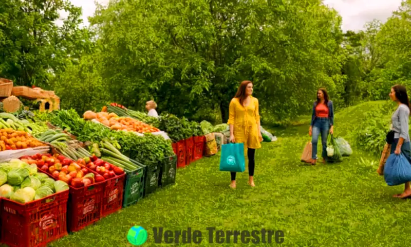 Mercado vibrante con productos ecológicos, personas comprando responsablemente y un fondo verde con árboles y paneles solares