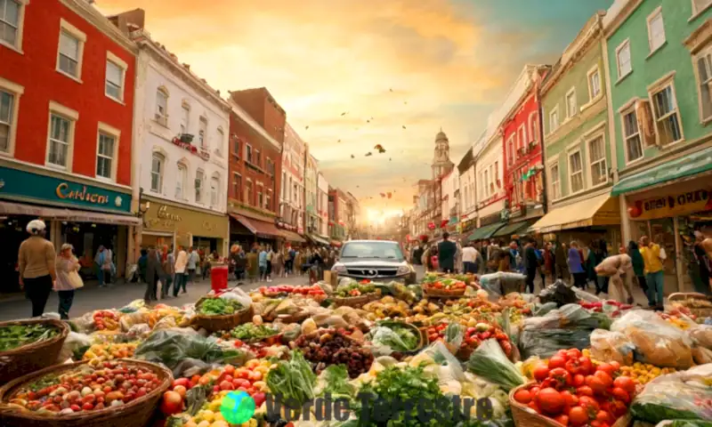 Ambiente urbano vibrante que muestra el consumismo y sus impactos ambientales, con centros comerciales, vertederos y productos ecológicos en un contraste de colores