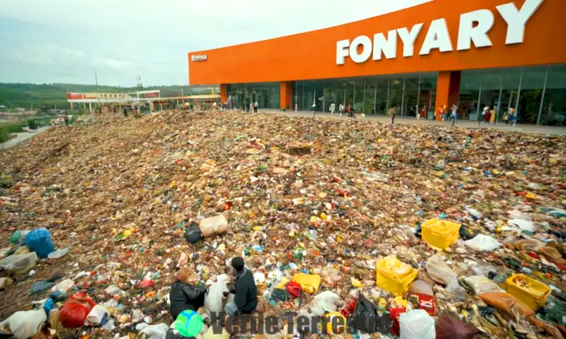 Imagen que muestra un centro comercial abarrotado de compradores, rodeado de vertederos desbordados y aguas contaminadas, contrastando productos vibrantes con residuos grises