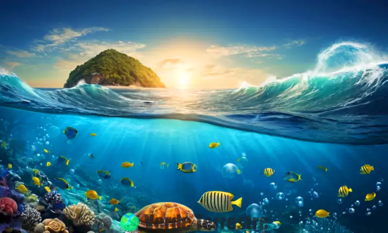Ilustración educativa de corrientes oceánicas con vida marina colorida, incluyendo peces y tortugas, en un entorno vibrante