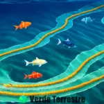 Ilustración educativa que muestra corrientes oceánicas en un vibrante paisaje submarino con peces