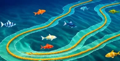 Ilustración educativa que muestra corrientes oceánicas en un vibrante paisaje submarino con peces