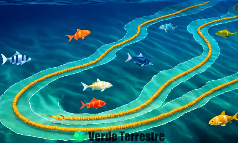 Ilustración educativa que muestra corrientes oceánicas en un vibrante paisaje submarino con peces