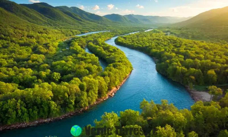 Representación de cuencas hidrográficas con bosques verdes, ríos y fauna diversa, junto a un mapa de tipo de cuencas