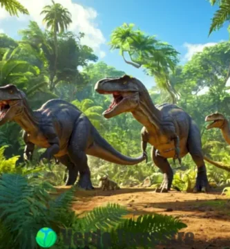 Diversos dinosaurios en un paisaje prehistórico exuberante