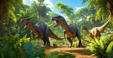 Diversos dinosaurios en un paisaje prehistórico exuberante