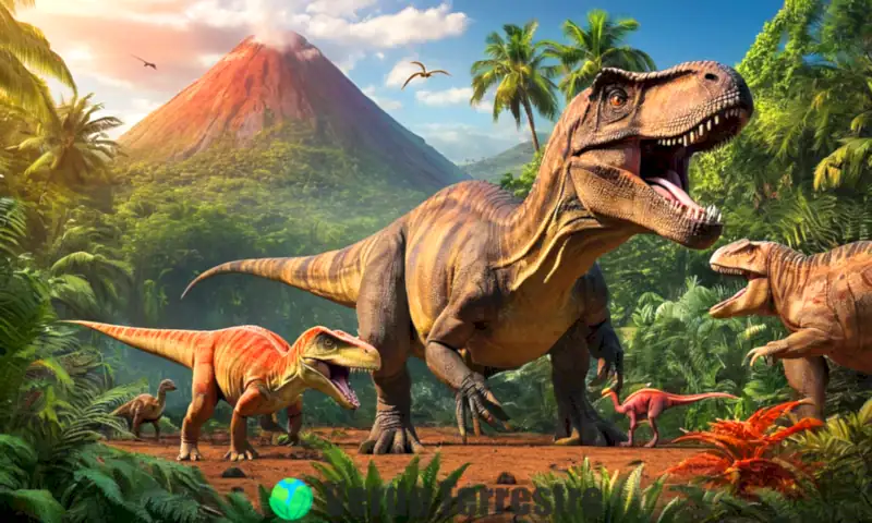 Ilustración colorida de diferentes dinosaurios en un paisaje prehistórico con vegetación exuberante y un volcán lejano