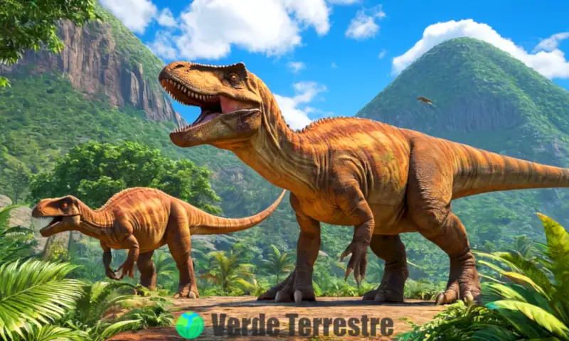 Variada escena prehistórica con diferentes dinosaurios, como un T-Rex y un Triceratops, en un paisaje lleno de vegetación y montañas volcánicas