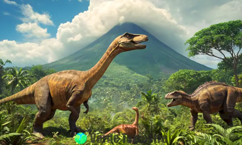 Dinosaurios desconocidos de colores variados en un paisaje prehistórico con vegetación y volcanes