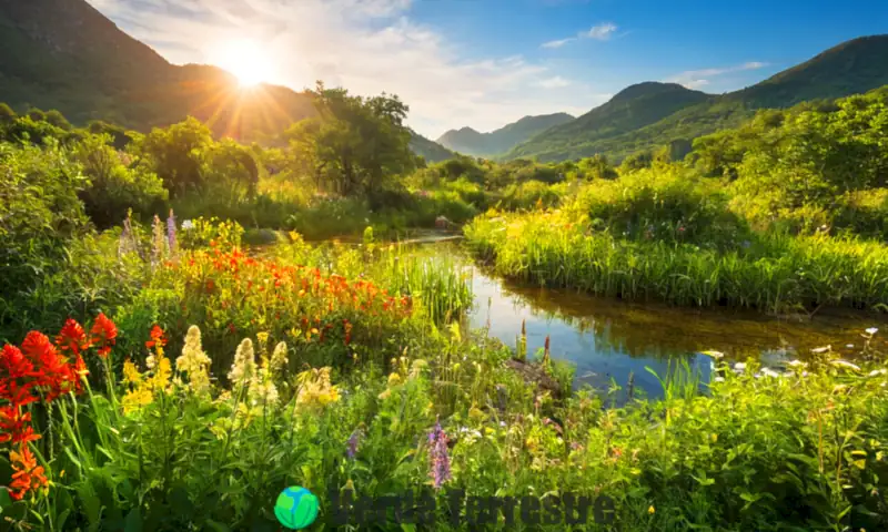 Paisaje vibrante con diversos ecosistemas, incluyendo hierbas, flores y fauna, bajo un cielo soleado y nubes esponjosas