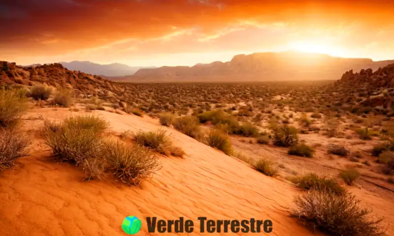 Paisaje desértico afectado por la erosión eólica al atardecer, con nubes de polvo, formaciones rocosas singulares y vegetación escasa