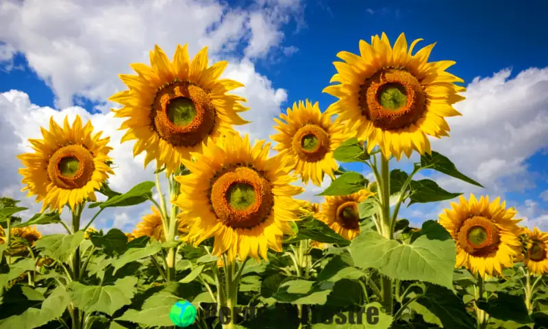 Siete tipos de girasoles vibrantes en un jardín bajo un cielo azul, con detalles en pétalos y hojas