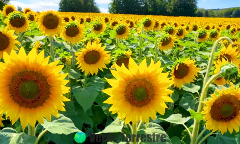 Siete variedades de girasoles en un jardín soleado, rodeados de hojas verdes y abejorros, con un estilo realista y colores vibrantes