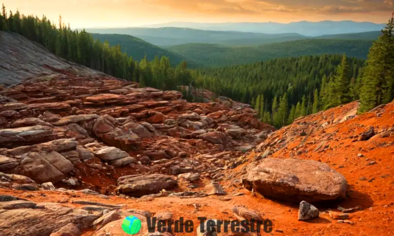 Ilustración educativa que muestra los tres tipos de meteorización: mecánica con rocas agrietadas, química con hierro oxidado y suelo vibrante, y biológica con materia orgánica en un bosque