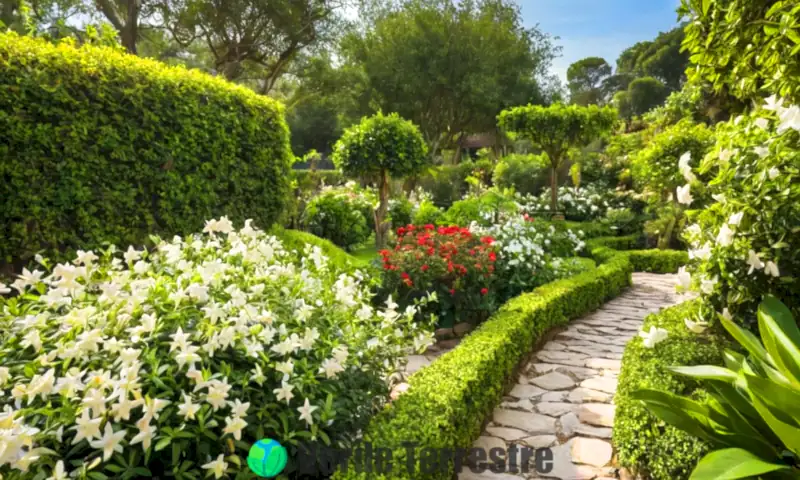 Nueve variedades de jazmines en un jardín bien diseñado, con flores vibrantes y un cielo azul